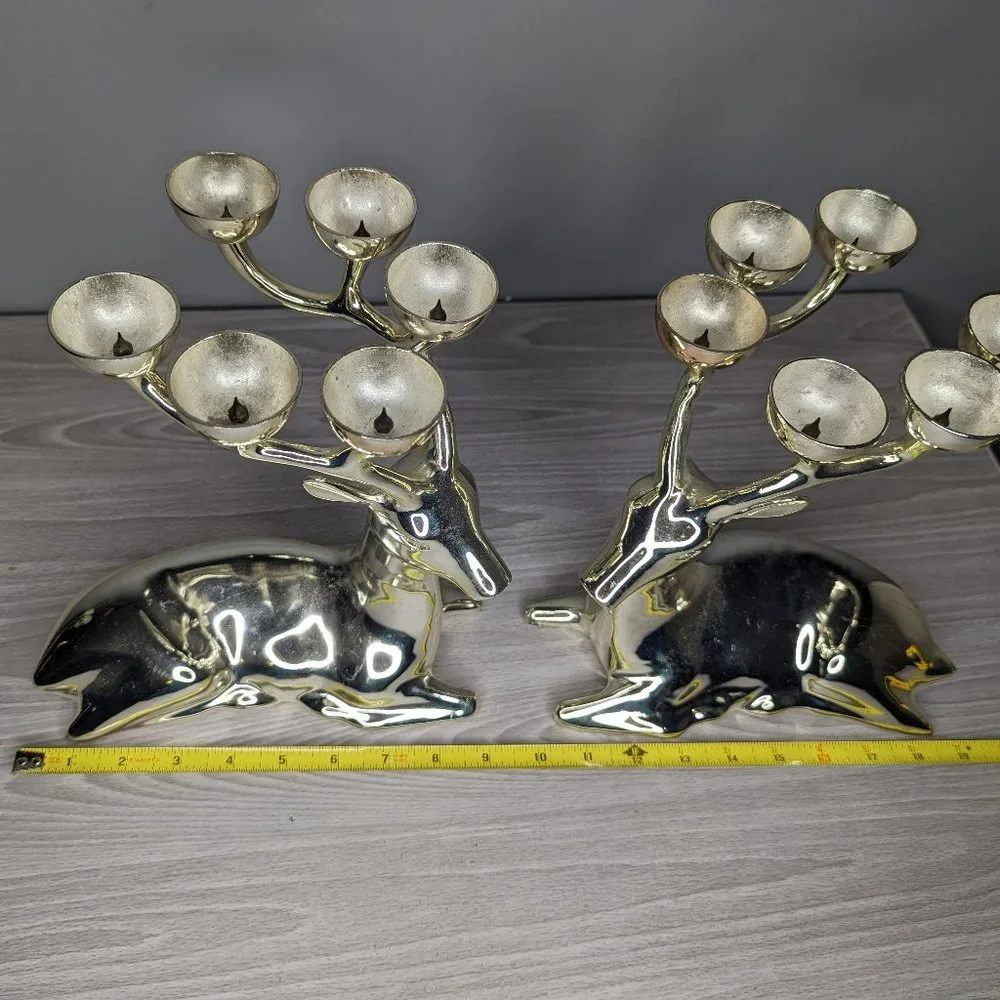 Crate & Barrel Christmas Silver Plated Seated Reindeer Candle Holder Pair